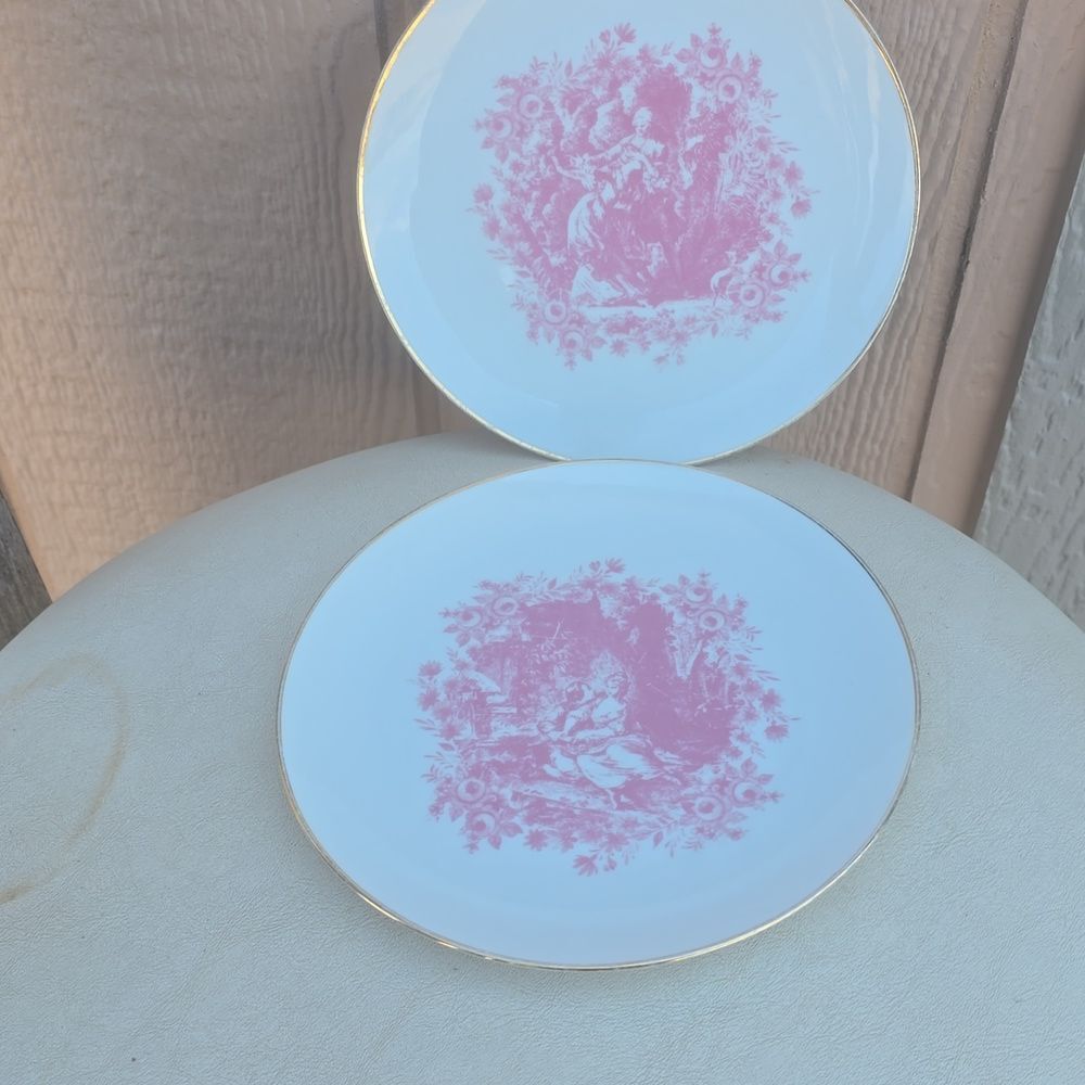 VTG JKW Pink Victorian Romance Salad Plates Set of 2 Gold Trim West Germany